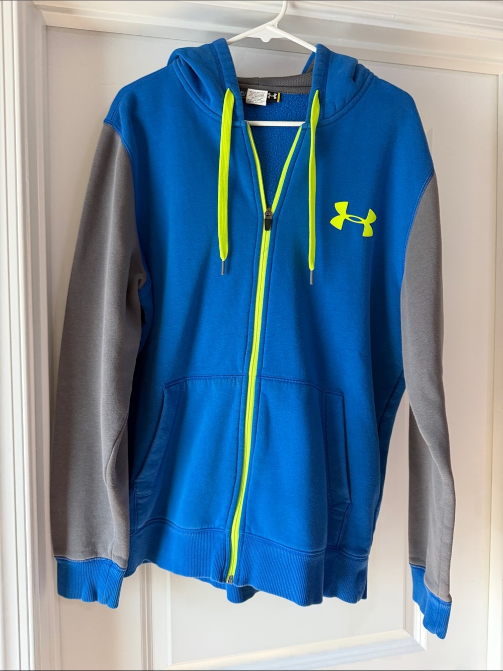 Men’s Under Armour Blue Full Zip Hoodie with Gray Sleeves and Neon Green Accents